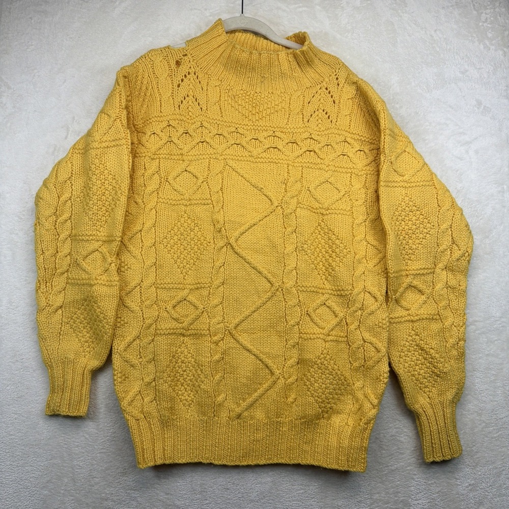 Vintage Ralph Lauren Hand Knit Wool Sweater Mens L Mustard Cable Knit Crewneck